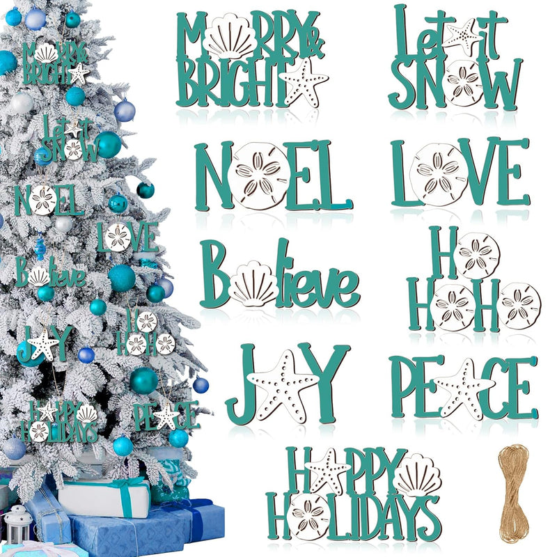 9 Pieces Christmas Word Sign Ornaments Rustic Starfish Beach Themed Xmas Woode