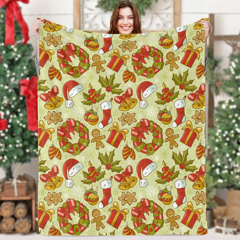 Christmas Throw Blanket For Couch, Cozy Lime Green Wreath Gingerbread Man Xmas