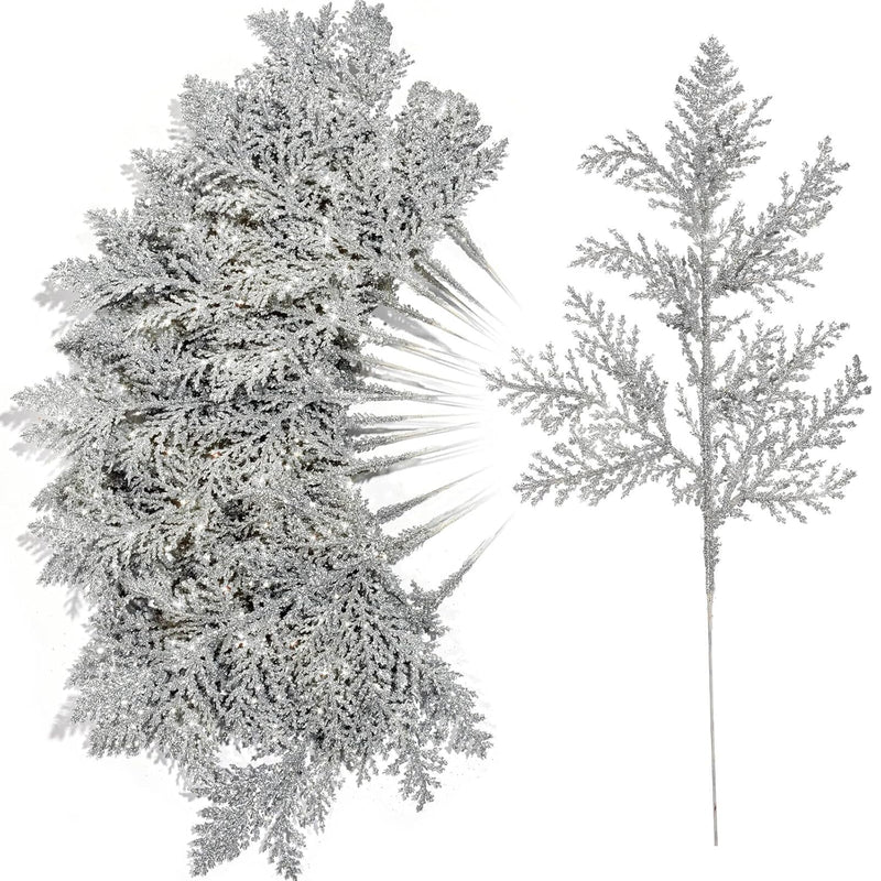 22Pcs Christmas Tree Picks Sprays, Sliver Glitter Artificial Pine Needles Faux