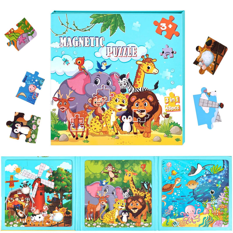 LovesTown Magnetic Travel Puzzles Book, Animal Wooden Magnetic Puzzles for