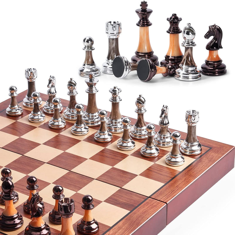 Chess Set Large 16''/42Cm Folding Wooden Board With Deluxe Weighted Acrylic