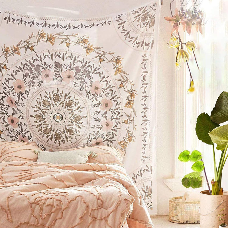 Sketched Floral Medallion Tapestry, Bohemian Mandala Wall Hanging Tapestries,