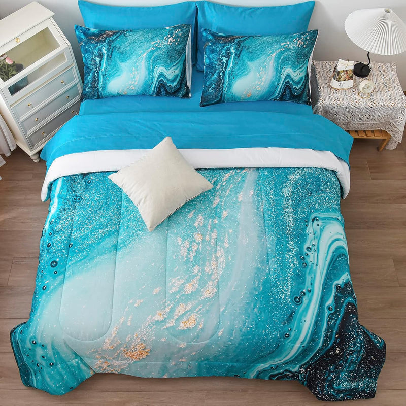 Bed In A Bag Full Blue Gold Bedding Comforter Set 7 Pcs Marble Comforter Set F