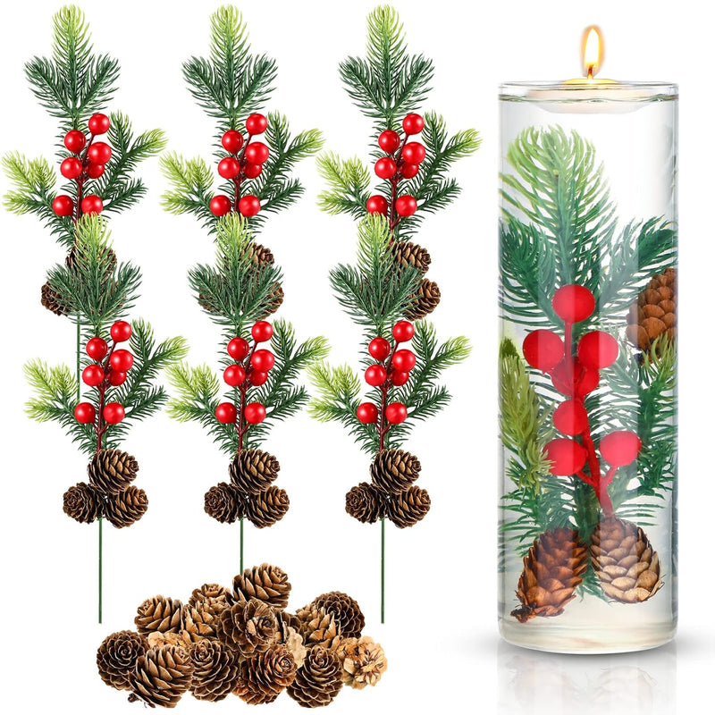 6 Set Christmas Holly Berries Artificial Pine Cone Picks Crystal Beads Vase Fi