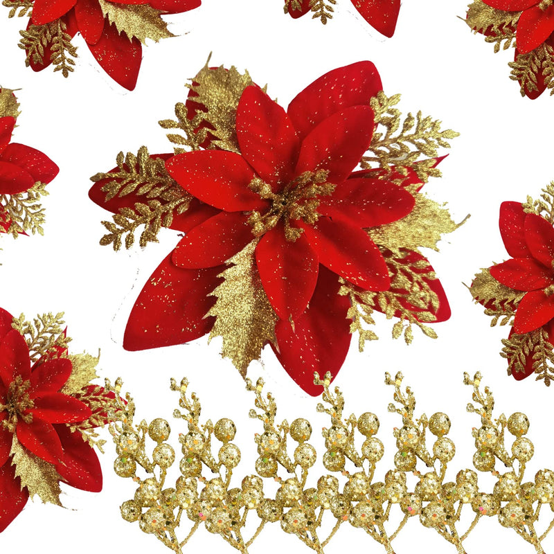 18Pcs Gold Red Poinsettia Flowers And Glitter Berries Set For Christmas Decora