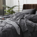 King Size Comforter Set - Bedding Set King 7 Pieces, Pintuck Bed In A Bag Dark Grey Bed Set With Comforter, Sheets, Pillowcases & Shams