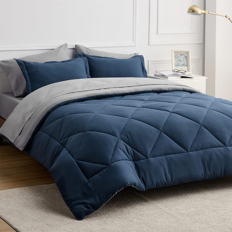 Navy Full Size Bed In A Bag - 7 Pieces Reversible Comforter Set Full Bed Set W