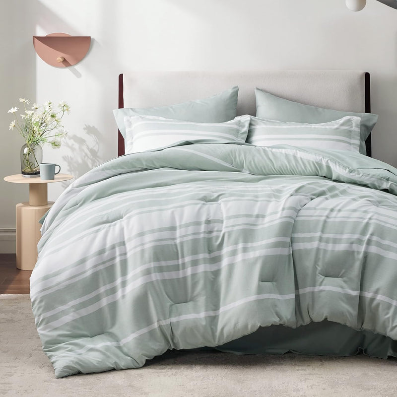 Bed In A Bag King Size 7 Pieces, Sage Green White Striped Bedding Comforter Se