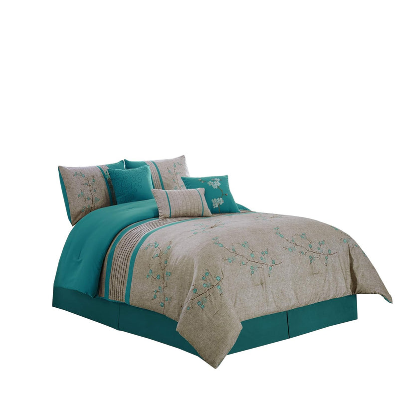 Noriko Luxury 7-Piece Teal Cherry Blossoms Floral Embroidery Bedding Comforter