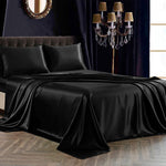 4Pcs Satin Sheet Set Queen Size Ultra Silky Soft Black Satin Queen Bed Sheets With Deep Pocket, 1 Fitted Sheet, 1 Flat Sheet, 2 Envelope Closure Pillowcases
