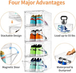 X-Large 10 Pack Clear Shoe Storage Organizer, Stackable Shoe Rack for Closet,Plastic Shoe Boxes with Magnetic Door,Dustproof Shoe Cabinet Sneaker Container for Women/Men,Fit up to US Size 13