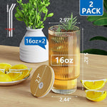 16OZ Glass Cups with Lids and Straws, Vintage Ribbed Glassware for Whiskey Cocktail Beer, Iced Coffee Cups with Lid, Glass Tumbler with Straw and Lid (2 PACK)