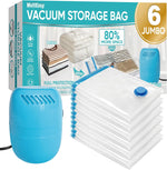 6 Jumbo Vacuum Storage Bags with Electric Pump, Space Saver Bags with Pump, Storage Vacuum Sealed Bags for Clothes, Comforters, Blankets, Bedding