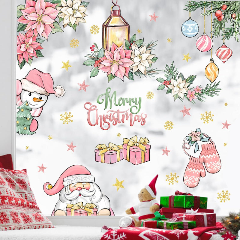 187 Pcs Merry Christmas Window Clings 9 Sheets, 2024 New Year Pink Santa Claus