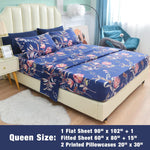Navy Blue Floral Print Sheet Set Queen, Botanical Soft Microfiber Bedding Sheets Extra Deep Pocket 4 Piece