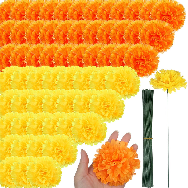 100 Pack Artificial Marigold Flower With Stems 3.5 Inch Silk Marigold False Fl