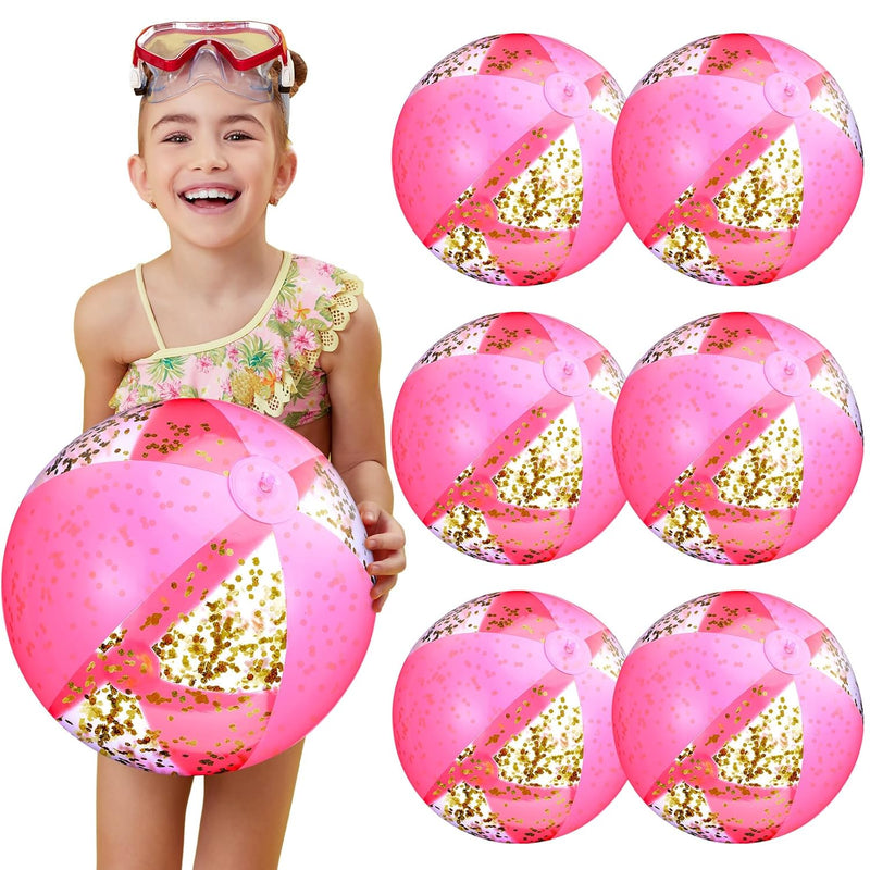 Skylety 6 Pack Beach Balls 16 Inch Inflatable Glitter Beach Balls Hot Pink