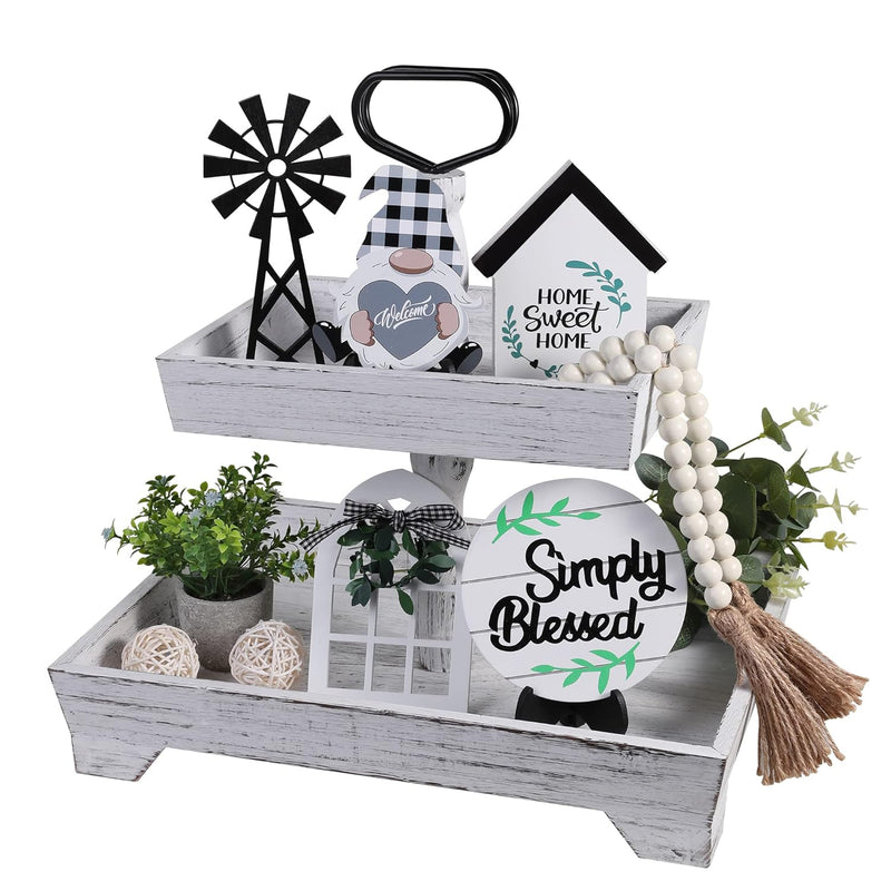 11Pcs Farmhouse Tiered Tray Decor Set, Rustic Tier Tray Decorations With Black