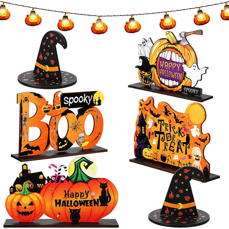 7 Pieces Halloween Table Decorations Pumpkin Table Centerpiece Boo Spooky Wood