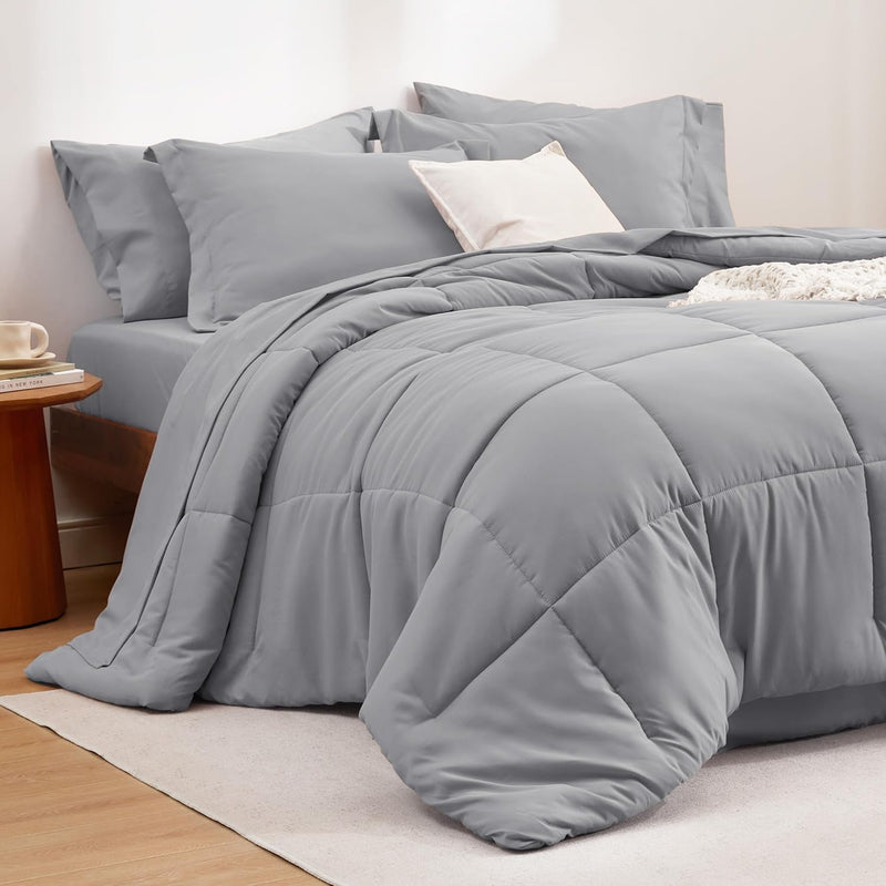 Queen Comforter Set - 7 Pieces Solid Grey Queen Bed In A Bag, Bedding Sets Que