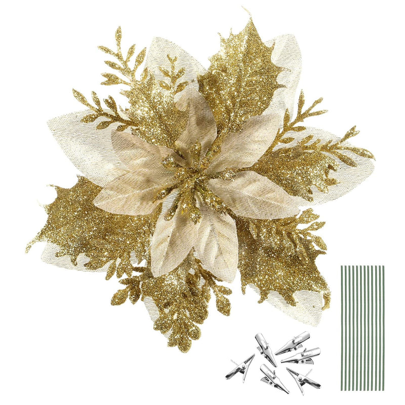 Christmas Glitter Artificial Poinsettia Flowers- 12Pcs Christmas Tree Flowers