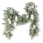 6.56ft Eucalyptus Garland with Flowers-8 White Roses, Artificial Fake Flowers Greenery Garland Floral Vines for Decoration Party Wedding Table Indoor Outdoor Backdrop Wall Decor(White)