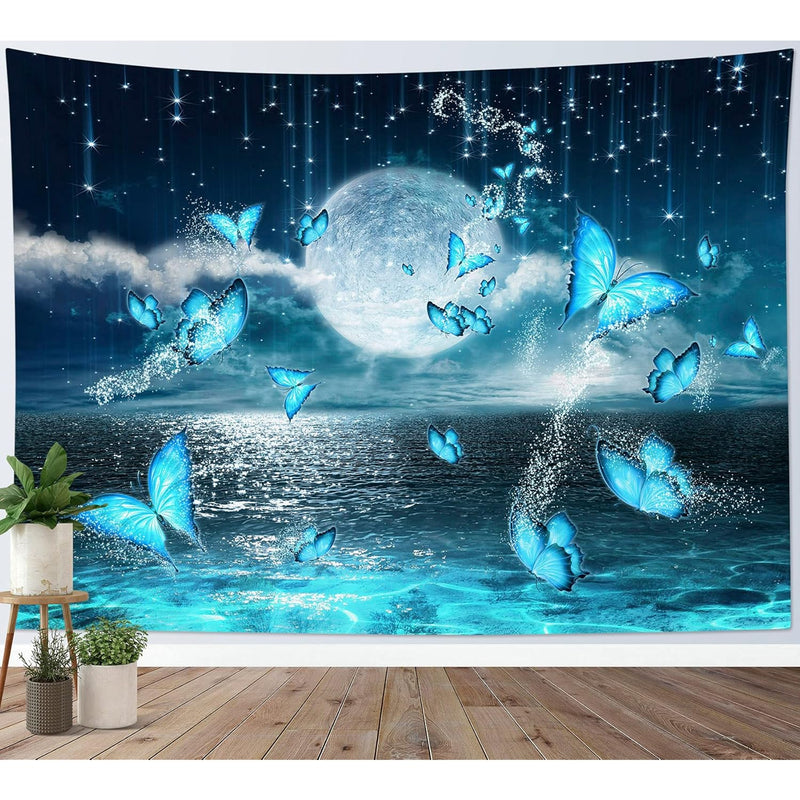 Small Full Moon Over Ocean Tapestry Wall Hanging Psychedelic Teal Butterfly Ta
