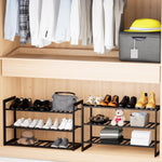 Bamboo Shoe Rack for Closet, Stackable 3 Tier Longer Shoe Organizer Shelf Holder Storage 12-15 Pairs for Entryway Door Hallway Bedroom Garage Space Saving Foldable Black