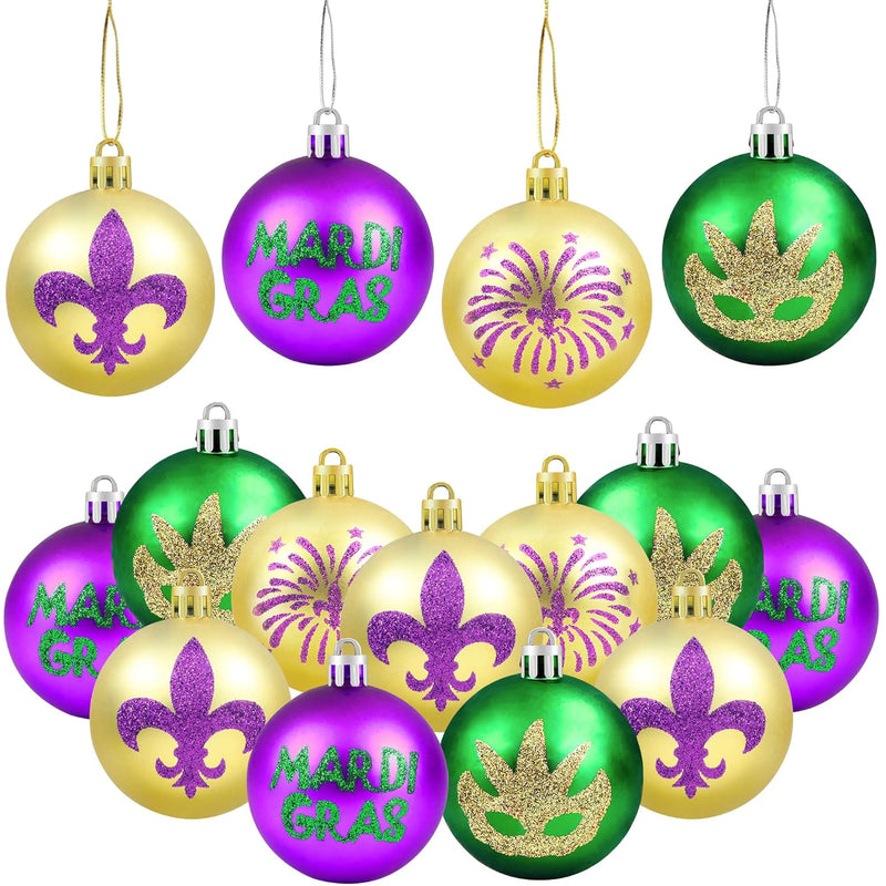 12Pcs Mardi Gras Ball Ornaments - 2.36" Glitter Purple Green Gold Home Tree Ba