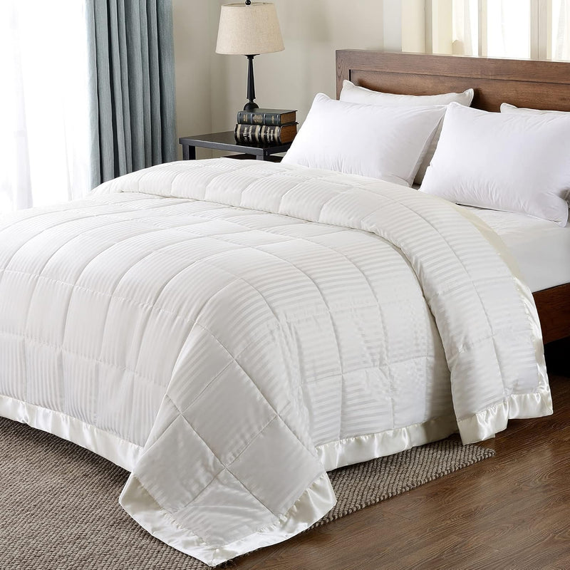 Lightweight Down Alternative Blanket With Satin Trim, King, Ivory, 90 X 108 In
