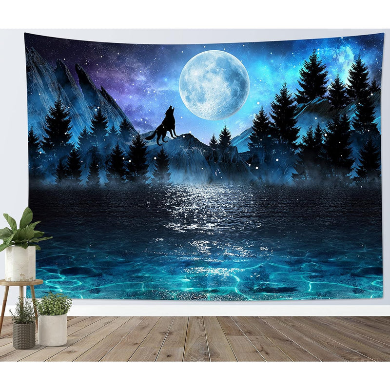 Moon Over Ocean Tapestry Wall Hanging, Galaxy Wolf On Mountain Wall Tapestry,