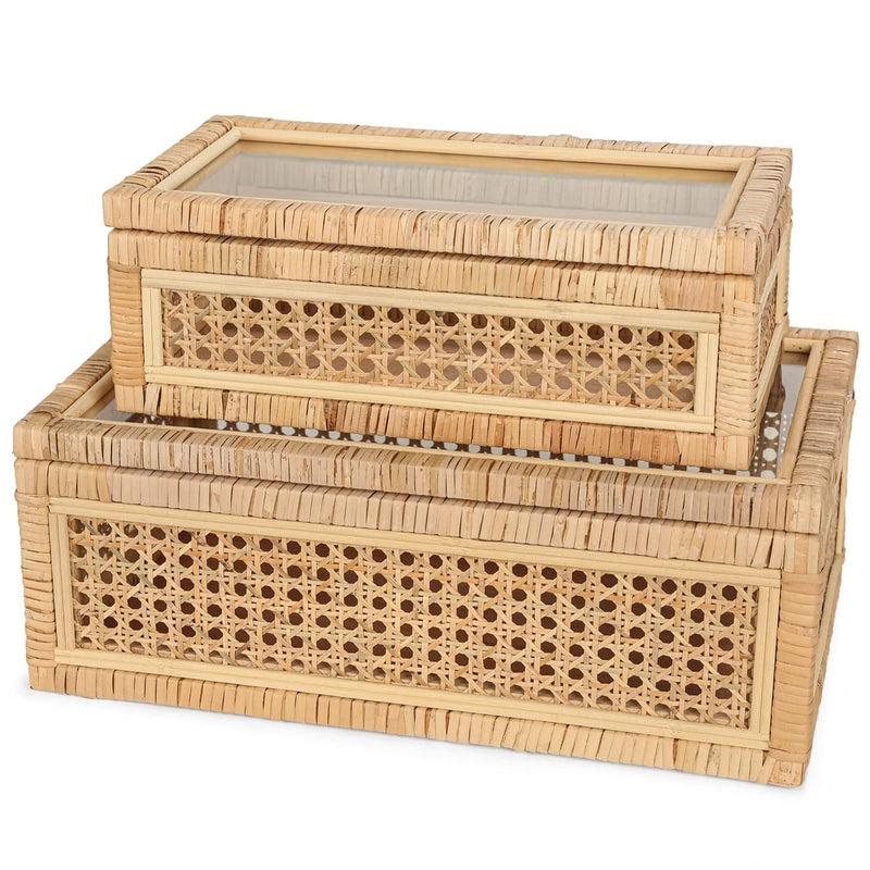 Handwoven Boho Rattan Display Boxes With Glass Lids - Set Of 2 Rectangular Dec