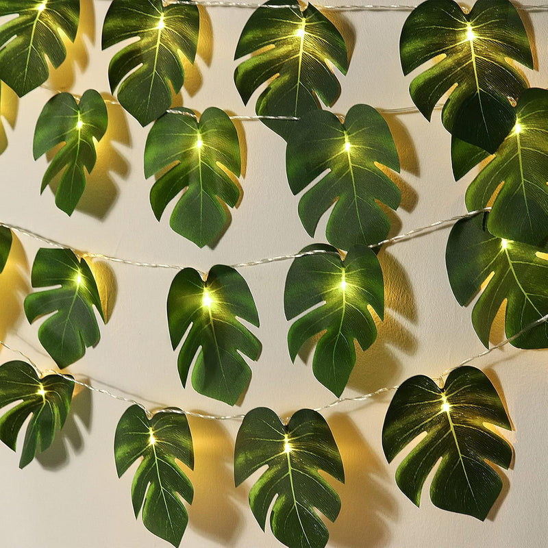 Monstera Leaf String Lights 2 Pack, 20 Led Tropical Artificial Rattan Palm Lea