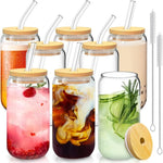8 Pcs Drinking Glasses with Bamboo Lids and Glass Straw - 16 Oz Can Shaped Glass Cups Beer, Ice Coffee Glasses Cute Tumbler Cup Great for Soda Boba Tea Cocktail Include 2 Cleaning Brushes