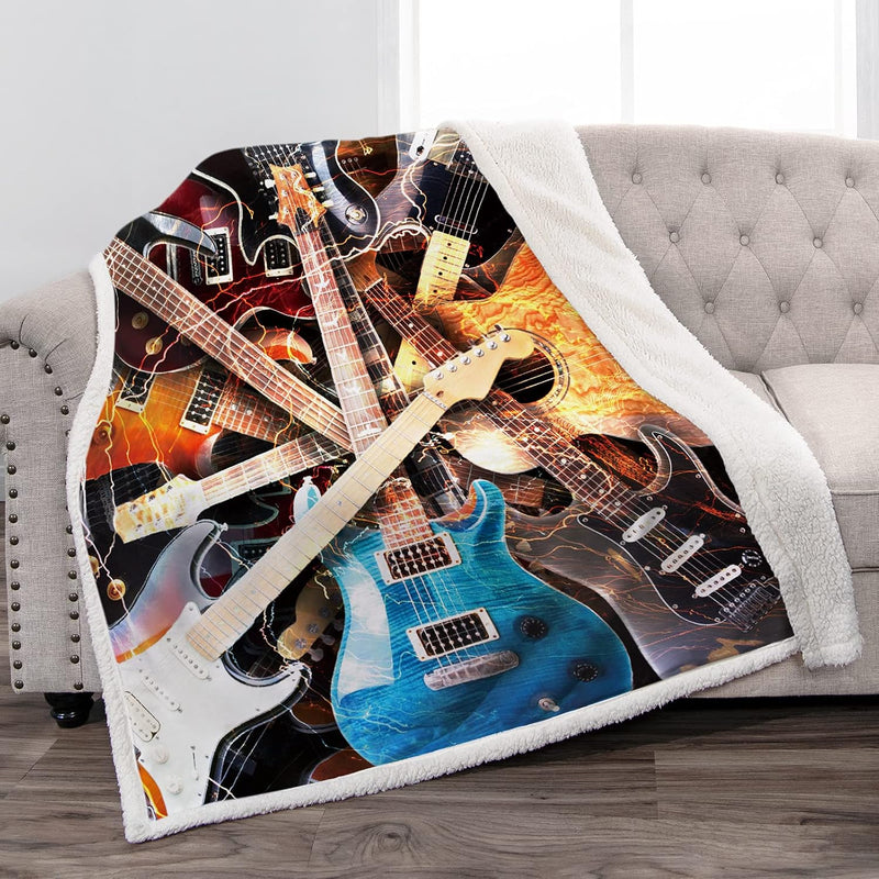 Music Guitar Sherpa Blanket Print Throw Blanket Soft Warm For Kids Adults Trav