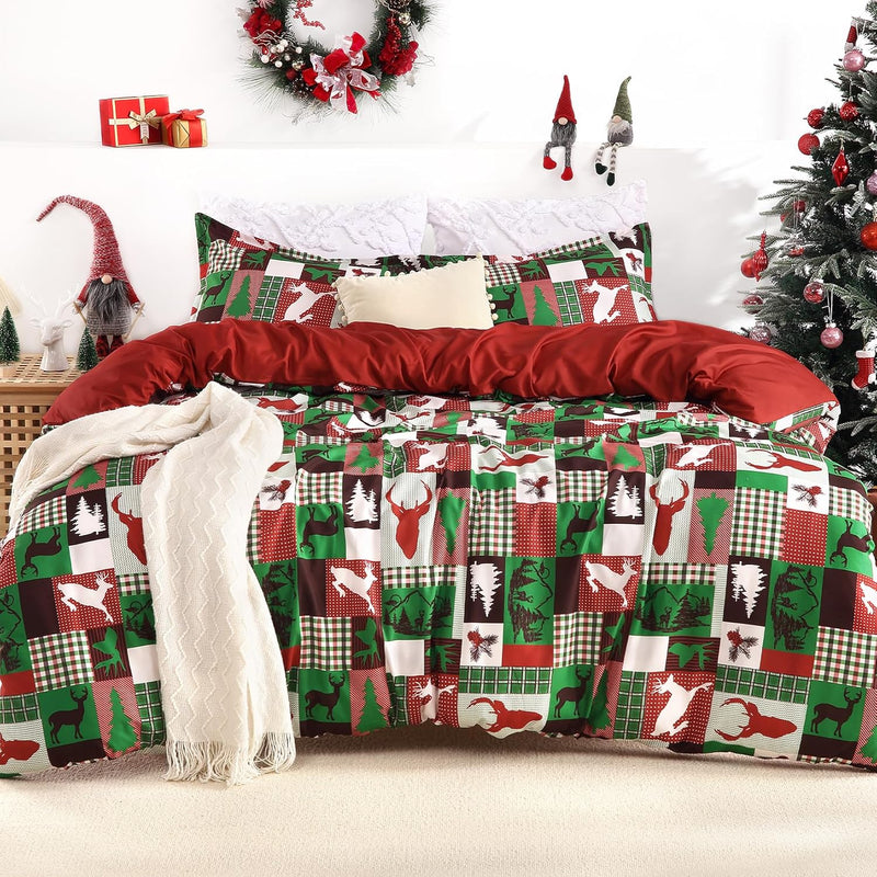 Christmas Duvet Cover Queen Size - Reindeer Patchwork Printed Christmas Decora