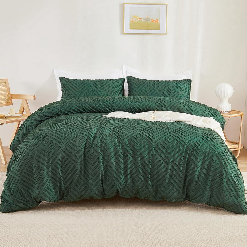 Emerald Green Queen Comforter Set, 3 Pieces Dark Green Tufted Boho Farmhouse B