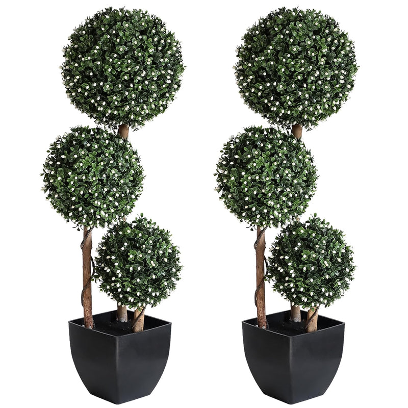 Artificial Boxwood Topiary Ball Tree, 3 Foot Outdoor Fake Topiaries Triple Bal
