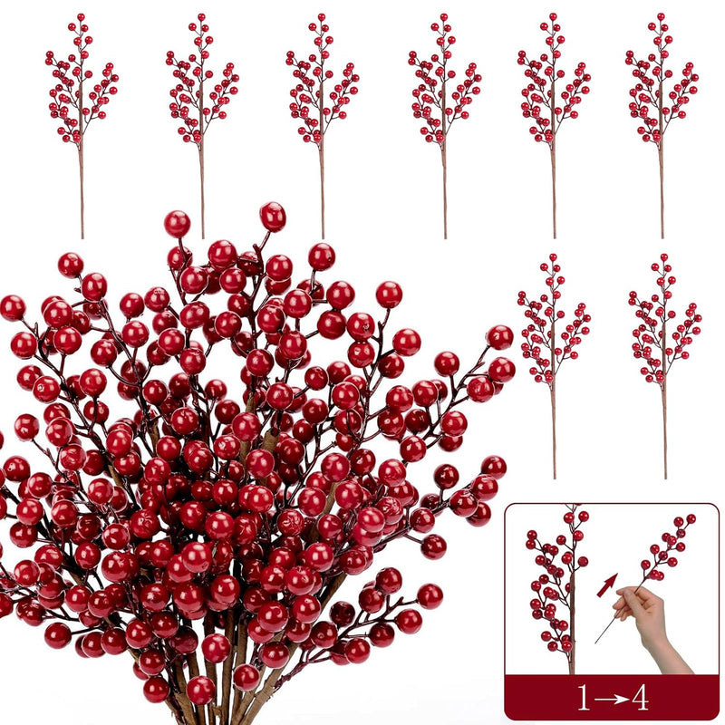 Christmas Holly Berry Stem Ornaments, 8 Large Branches/32 Small Branches Artif