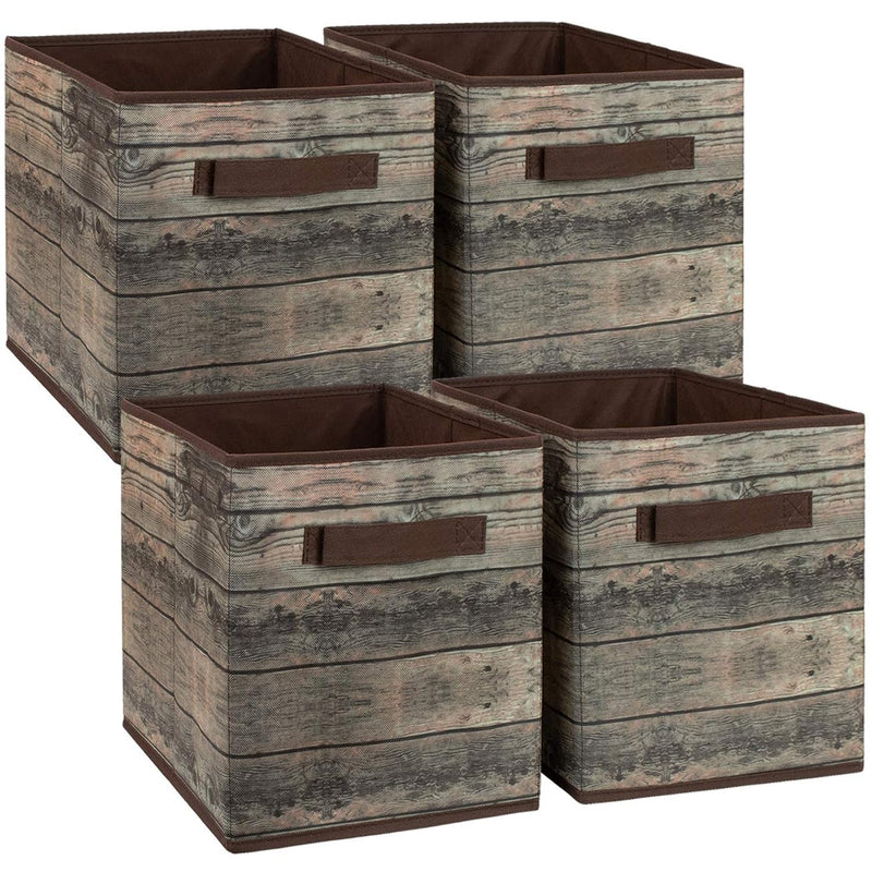 Foldable Storage Cube Basket Bin, Rustic Wood Grain Print, 4-Pack (Rustic Bin -