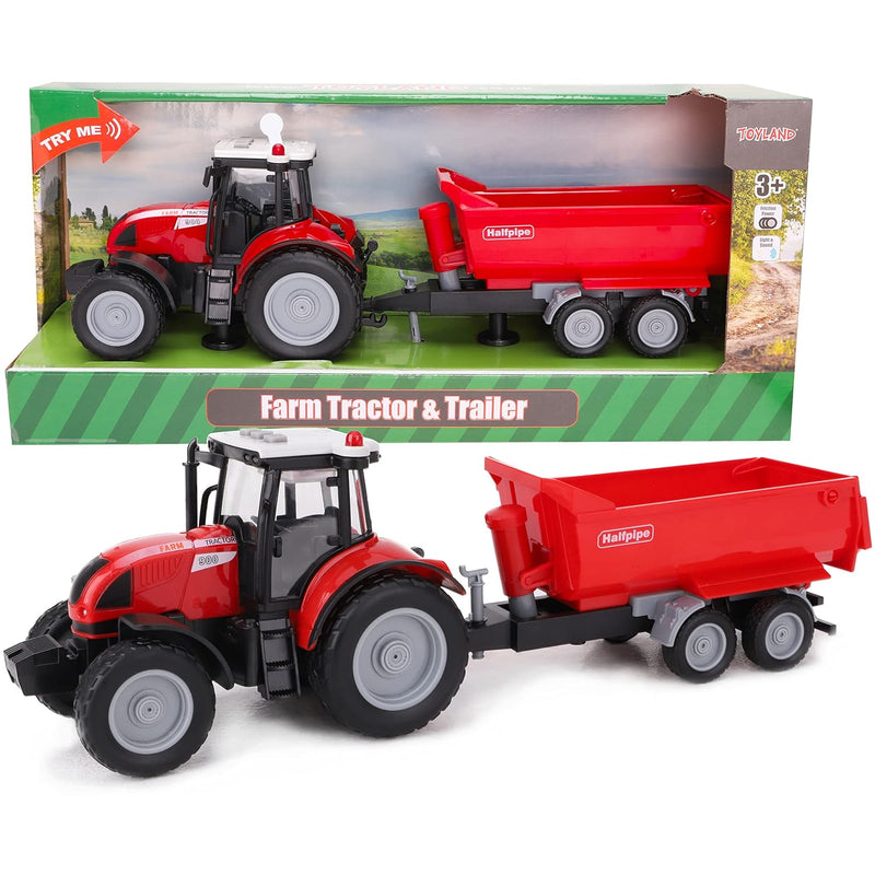 Tractor And Trailer 37Cm Red With Lights And Sound Farm Toys For Kids
