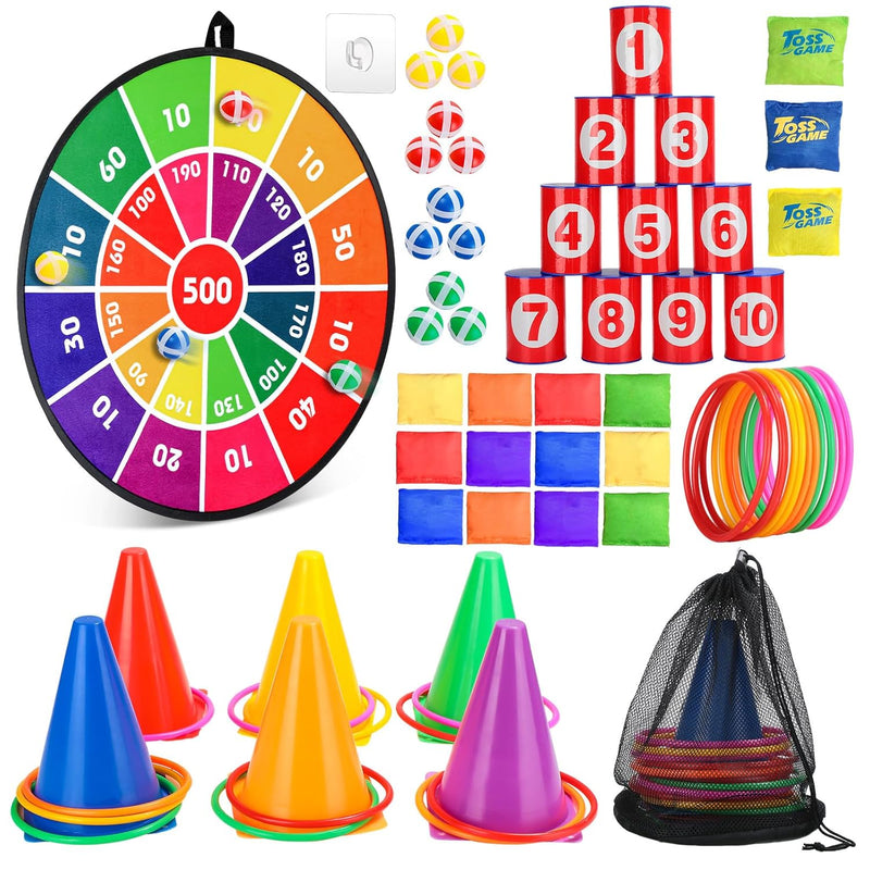 Hungdao 3 Sets Carnival Games Combo Set, Dart Board with Balls Plastic Cone