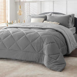 King Size Comforter Set - 7 Pieces Reversible King Bed In A Bag, King Bed Set With Comforters, Sheets, Pillowcases & Shams, Grey King Bedding Set