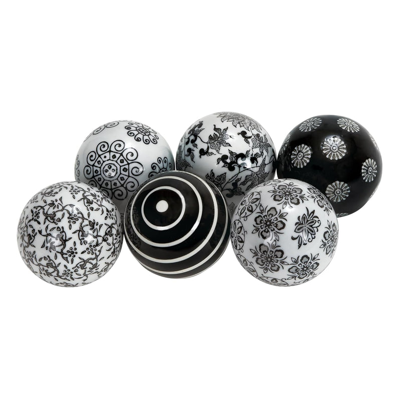 Ceramic Round Orbs & Vase Filler With Varying Patterns, Set Of 6 3"D, Black
