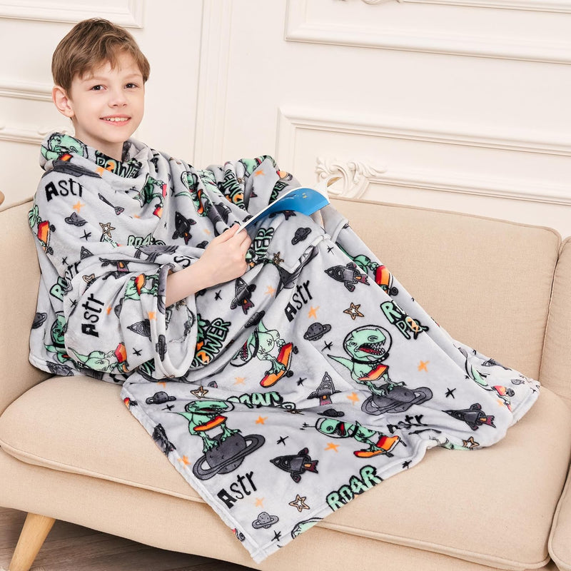 Kids Snuggies Wearable Fleece Blanket With Sleeves & Foot Pocket For Kids Boys