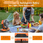 40000mAh Rechargeable Fan, Battery Operated Oscillating Outdoor Fan, Battery Powered Table Fan for Home Hurricane Jobsite Garage, Portable Tent Fan with Remote Light Hook for Camping Trip RV