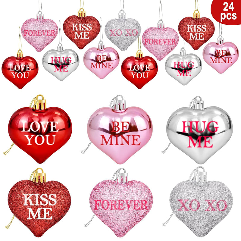 24Pcs Valentine'S Day Glitter Heart Shaped Ornaments- Valentines Decorations-