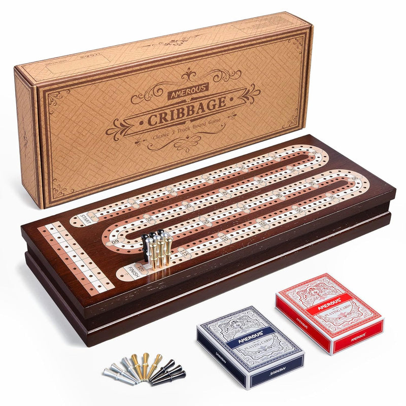 AMEROUS Wooden Cribbage Board Game Set with Magnetic Lock / 9 Metal Pegs /