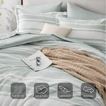 Bed In A Bag King Size 7 Pieces, Sage Green White Striped Bedding Comforter Sets All Season Bed Set, 2 Pillow Shams, Flat Sheet, Fitted Sheet And 2 Pillowcases