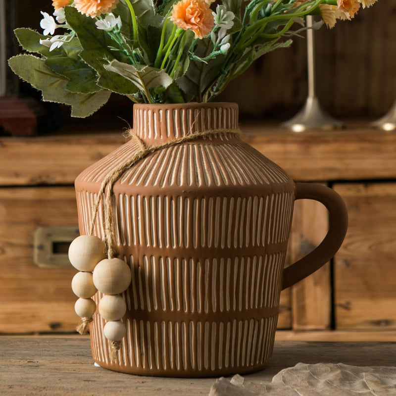 Rustic Farmhouse Vase With Handle And Boho Wooden Beads, Vertical Stripes Terr